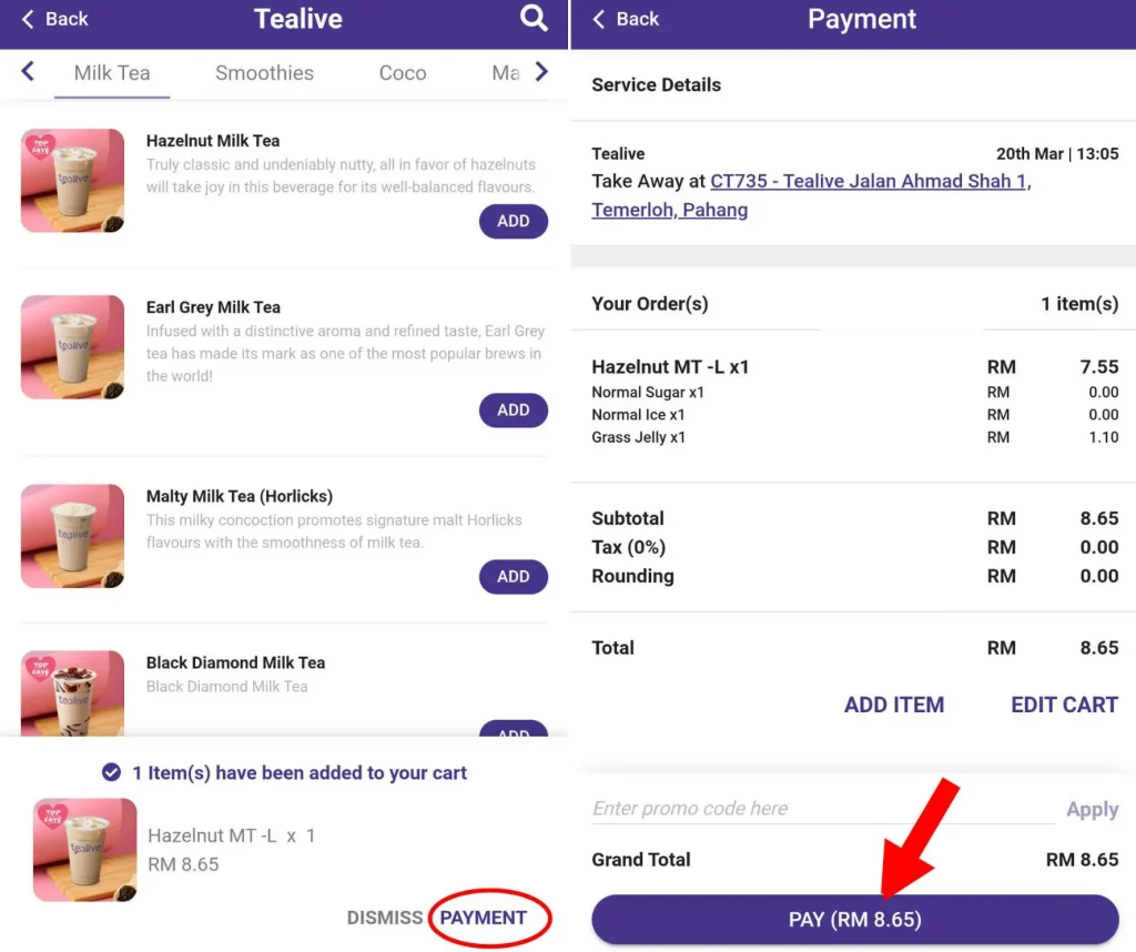 cara order tealive guna touch n go ewallet