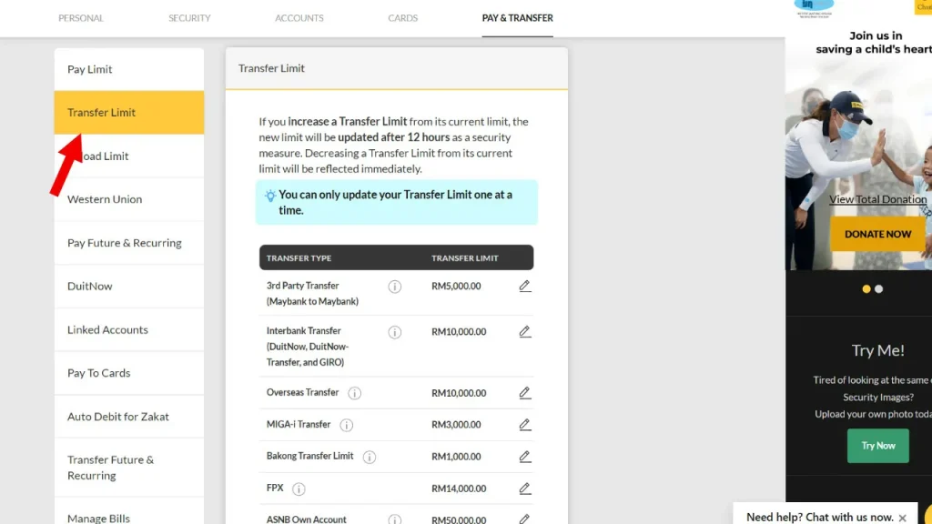 cara tukar transfer limit maybank2u